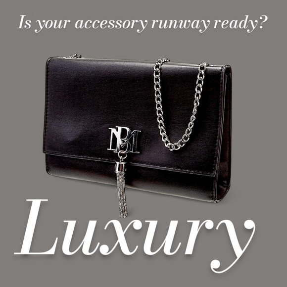 BADGLEY MISHKA - Black Vegan Leather with Gun Metal Hardware Logo, Tassel, Strap - Picture 3 of 16